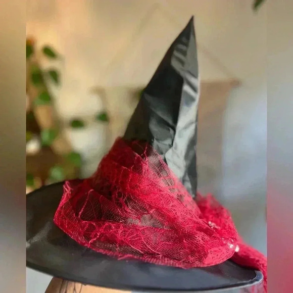 Witch Hat Red Lace Rhinestone Buckle | 10” Tall | Halloween Costume Accessory - Picture 5 of 6